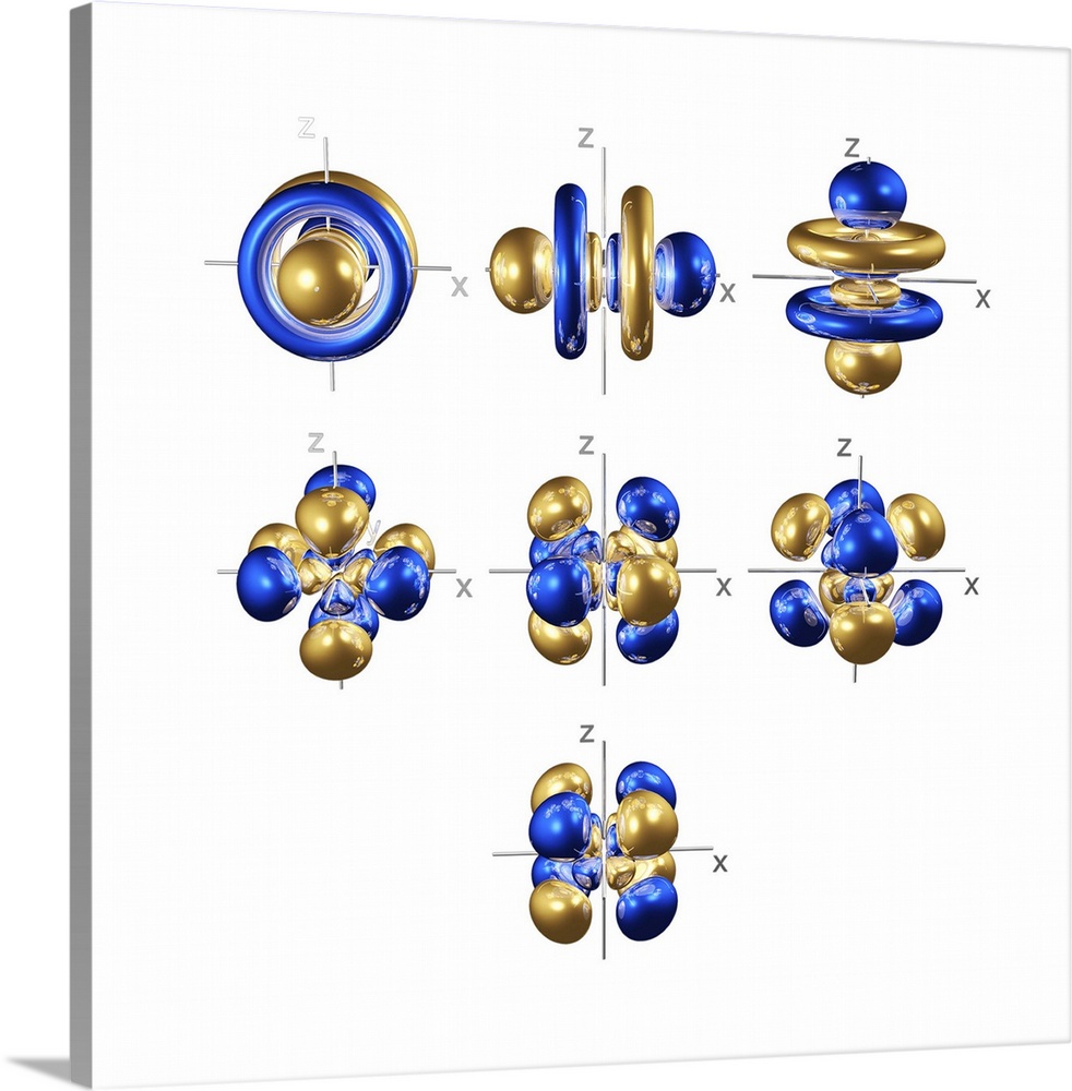5f electron orbitals, cubic set, computer model. An electron orbital is a region around an atomic nucleus (not seen) in wh...