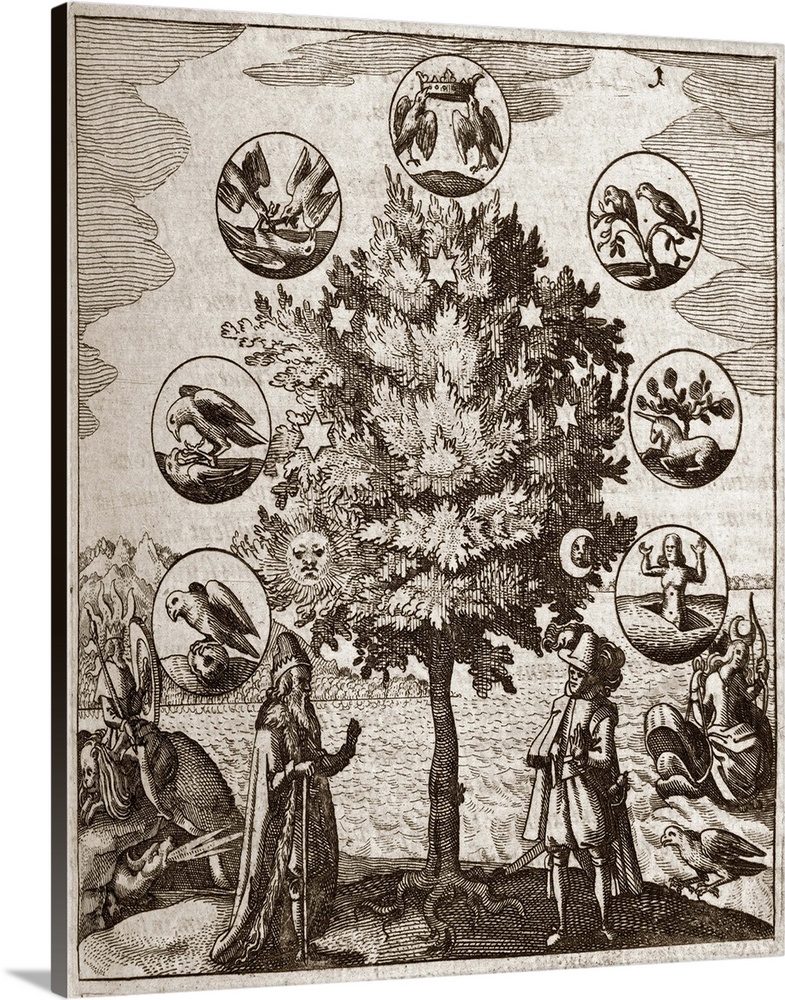 The Alchemical Tree. Engraving depicting a tree surrounded by figures used in allegory by alchemists. The tree itself carr...