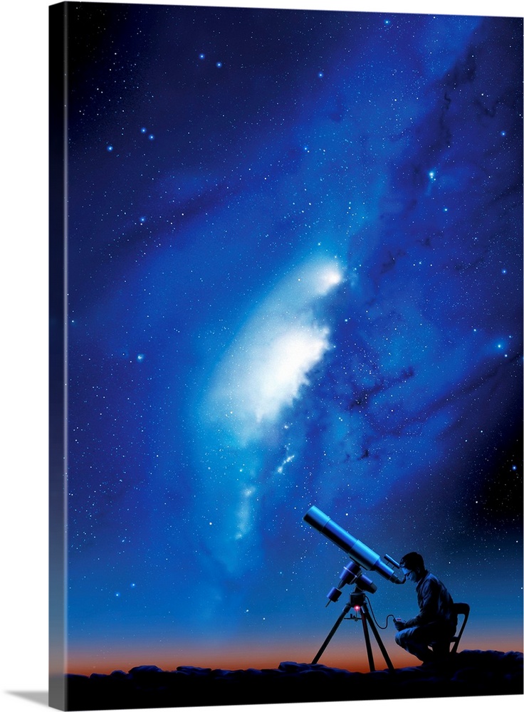 Amateur astronomy. Computer artwork of a silhouetted amateur astronomer using a telescope to view the Milky Way. The Milky...