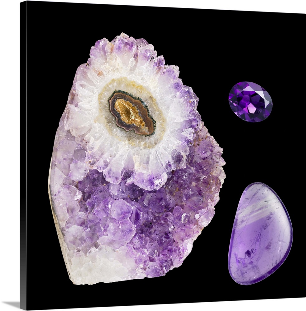 Amethyst. The specimen at left is in its natural state, the specimen at bottom right has been polished and the specimen at...