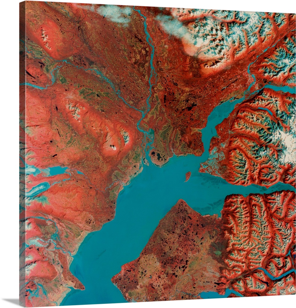 Anchorage, Alaska, infrared satellite image. North is at top. Water is blue, urban areas are pale blue, snow is white and ...