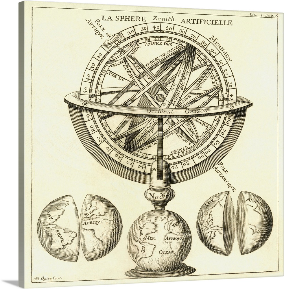 Armillary sphere, 18th century. Artwork of a French armillary sphere dating from 1705. This astronomical device shows the ...