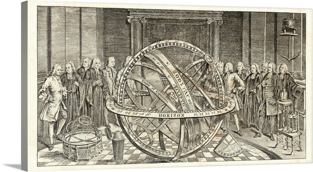 Armillary sphere. 18th Century artwork of men looking at an armillary sphere. This astronomical device shows the circles o...