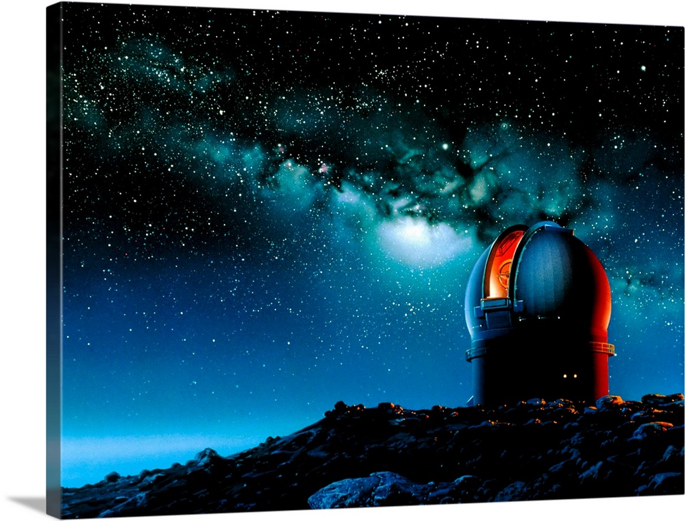 Telescope at Mauna Kea. Artwork, based on the Mauna Kea observatory, of a telescope dome seen against the Milky Way. Obser...