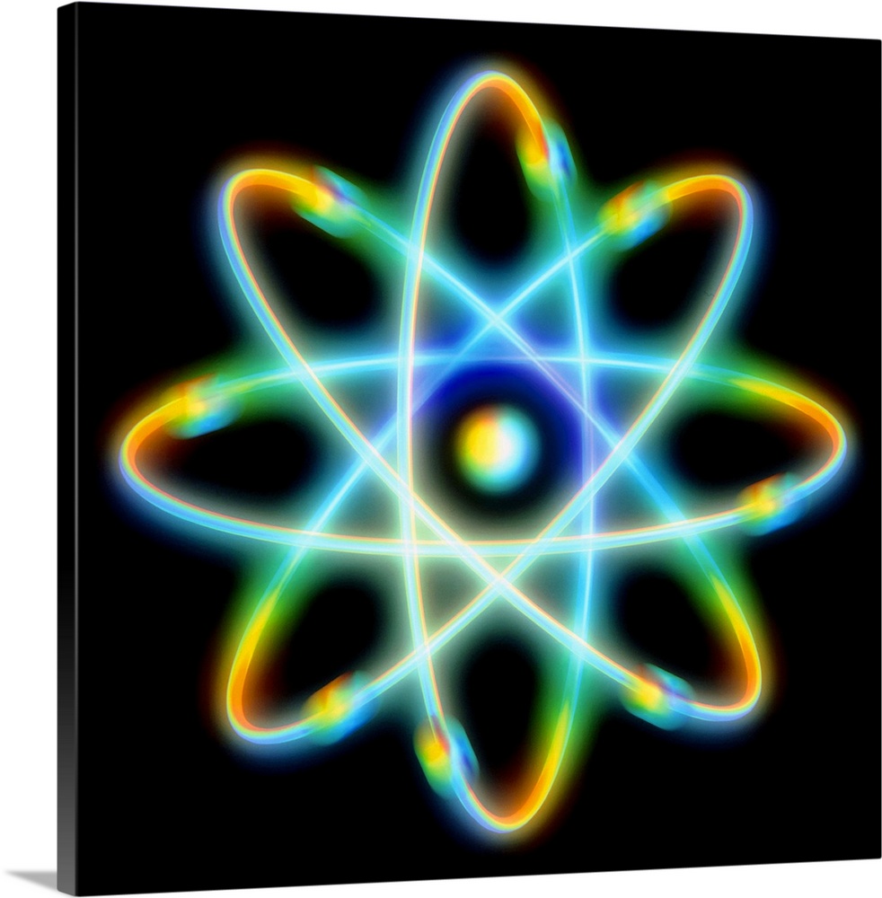 Atomic structure. Conceptual computer artwork representing the structure of an atom. Eight electrons are seen orbiting the...