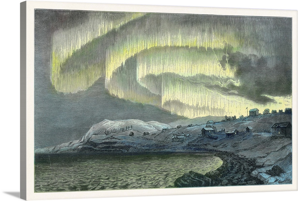 Aurora observations, 1839. Historical artwork of an aurora seen from Finland, on 21st January 1839. Aurorae, displays of c...