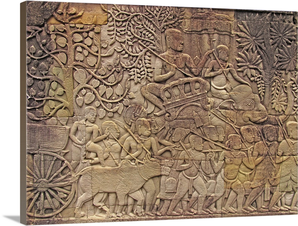 Bas-relief depicting a narrative scene. This carving is at Angkor Wat, a 12th century temple in Cambodia. The temple was o...