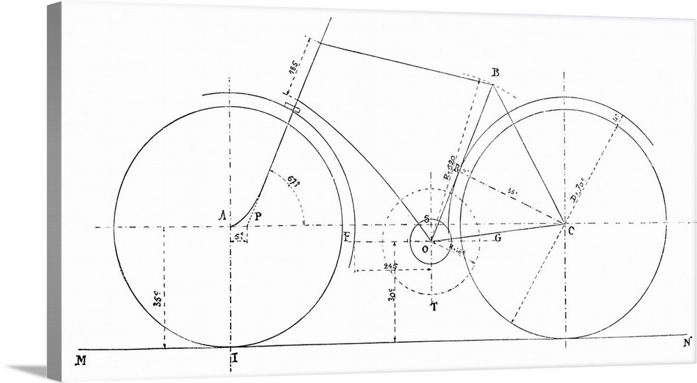 Horizontal canvas of a drawing of the outline of a bike with measurements.