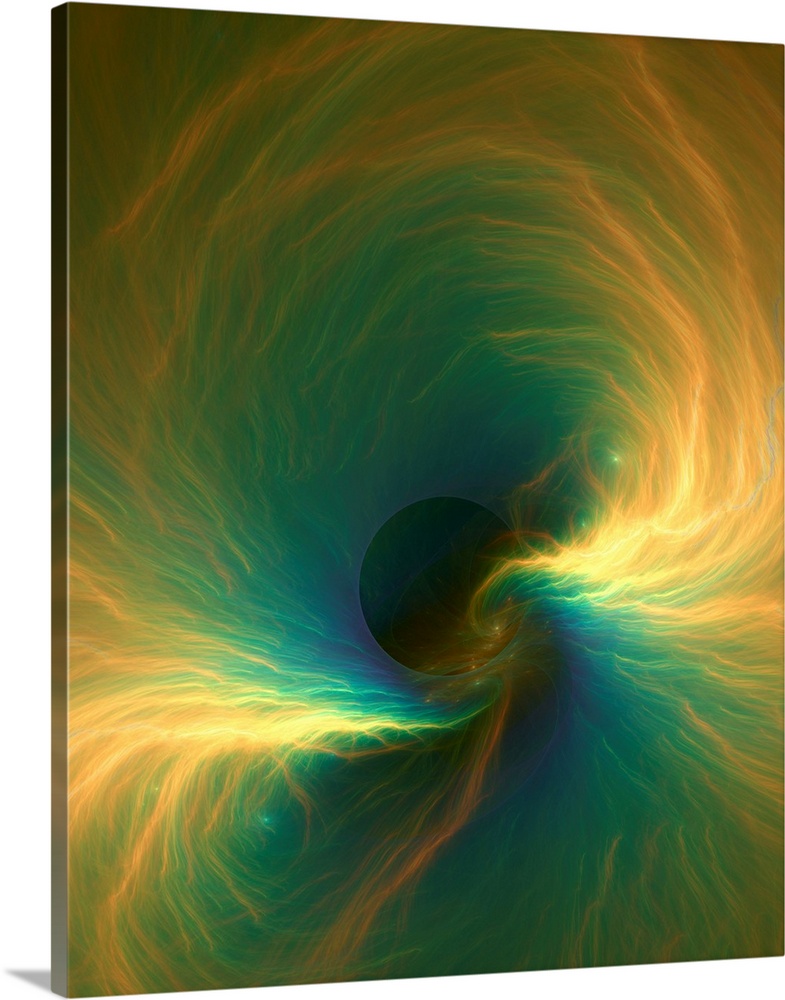 Conceptual fractal illustration of material falling into a black hole, an object of extreme density, with such strong grav...
