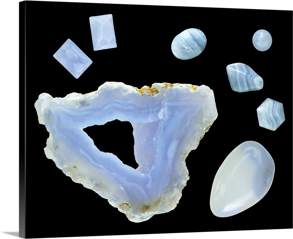 Blue lace agate. Cut and polished specimens are at top left, polished specimens are at right and a specimen in its natural...