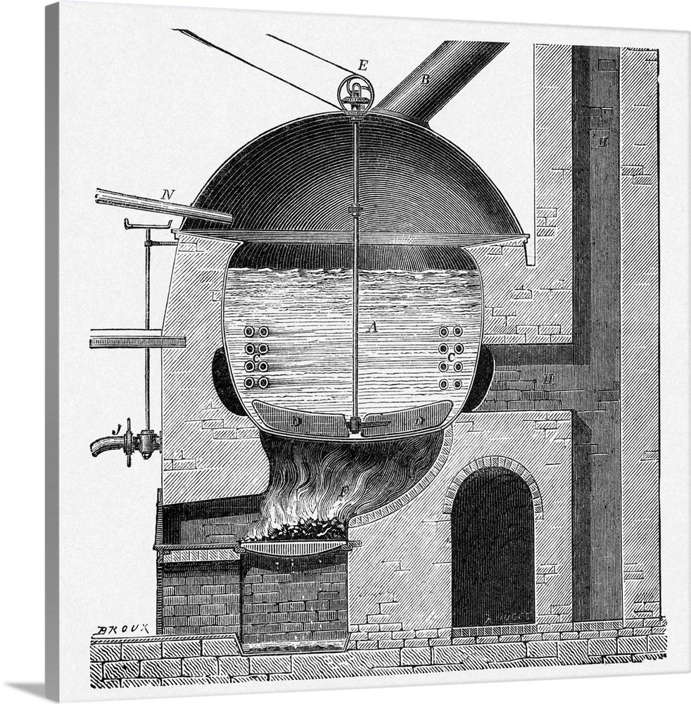 Brewery kettle, 19th century cutaway artwork. This the boiling stage where a liquid known as wort is boiled with hops insi...