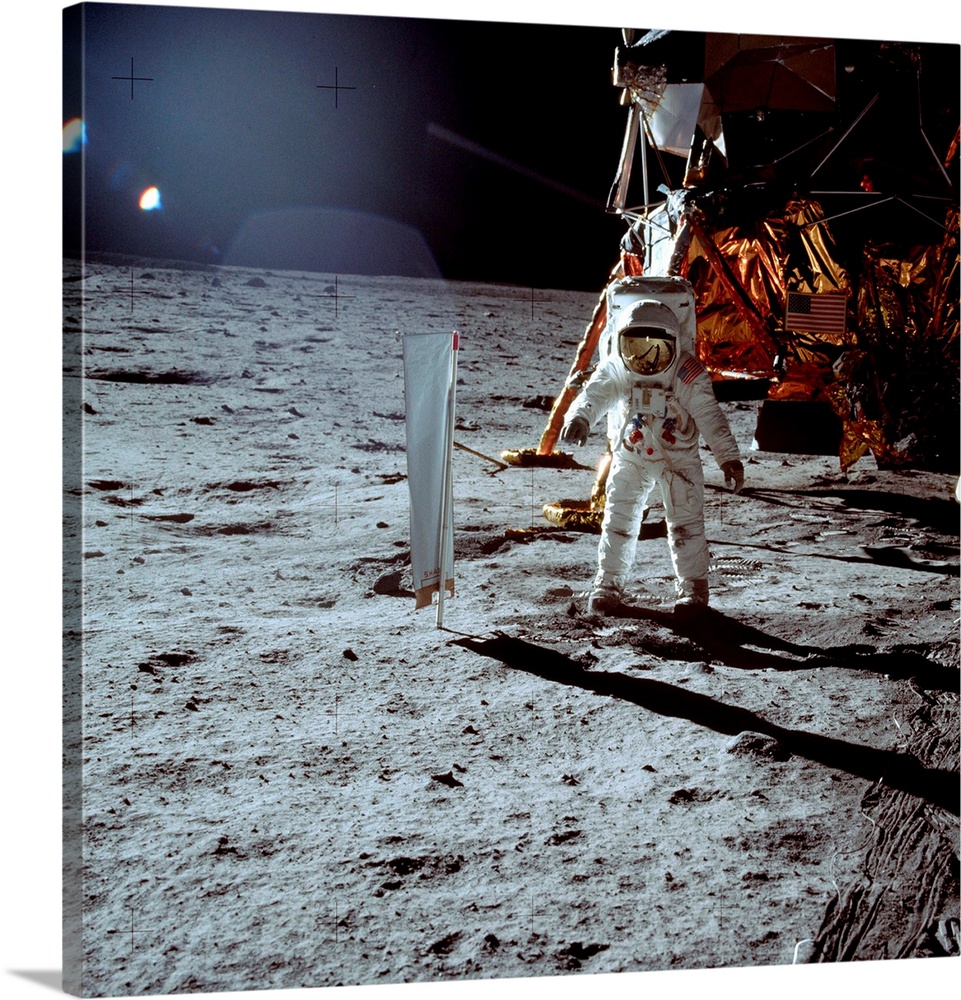 Apollo 11 astronaut Edwin \Buzz\" Aldrin walks on the surface of the Moon next to the lunar module. On the left of the pho...