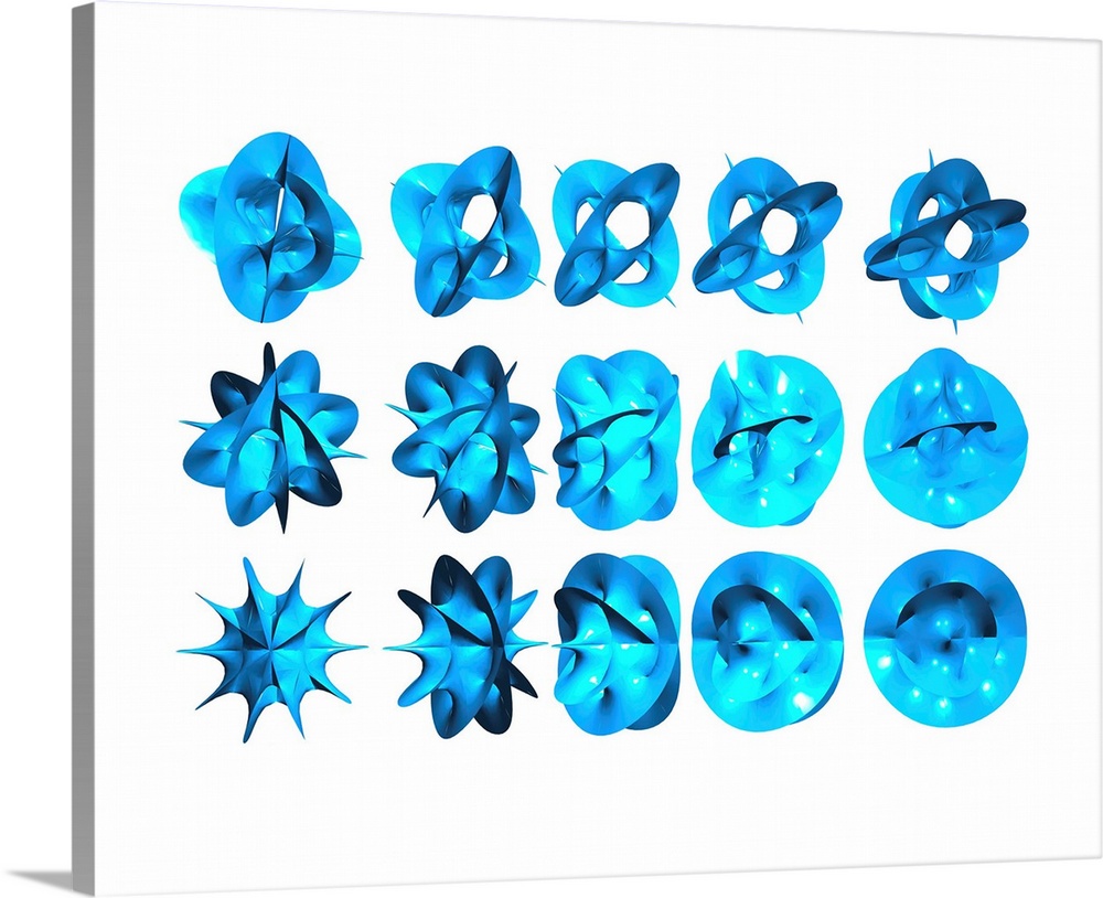 Calabi-yau manifolds. Computer artwork of calabi- yau manifolds. These six-dimensional shapes are thought to be the locati...