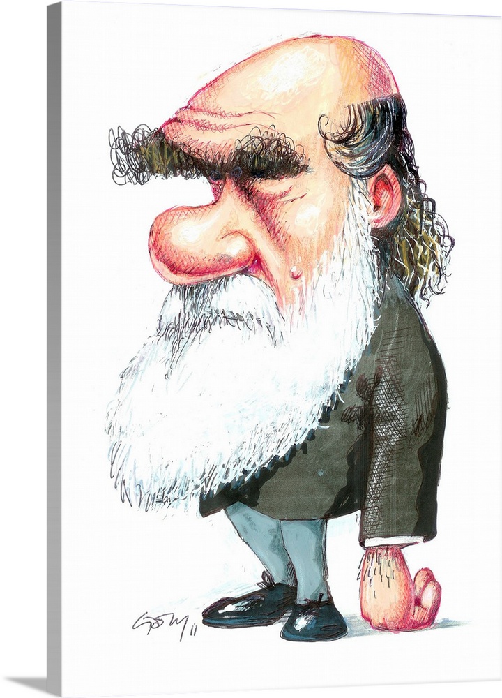 Charles Darwin (1809-1882). Caricature of the British naturalist Charles Darwin, pictured with an over-sized forehead and ...