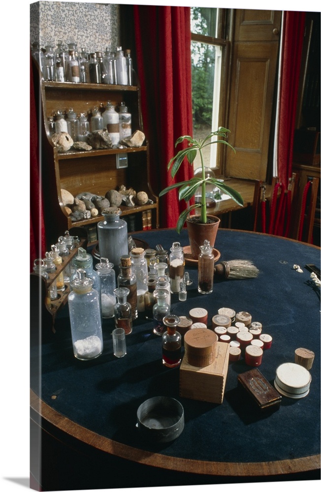 Darwin's study. View of a variety of chemicals and rock samples in Charles Darwin's (1809-1882) study at Down House, Kent,...
