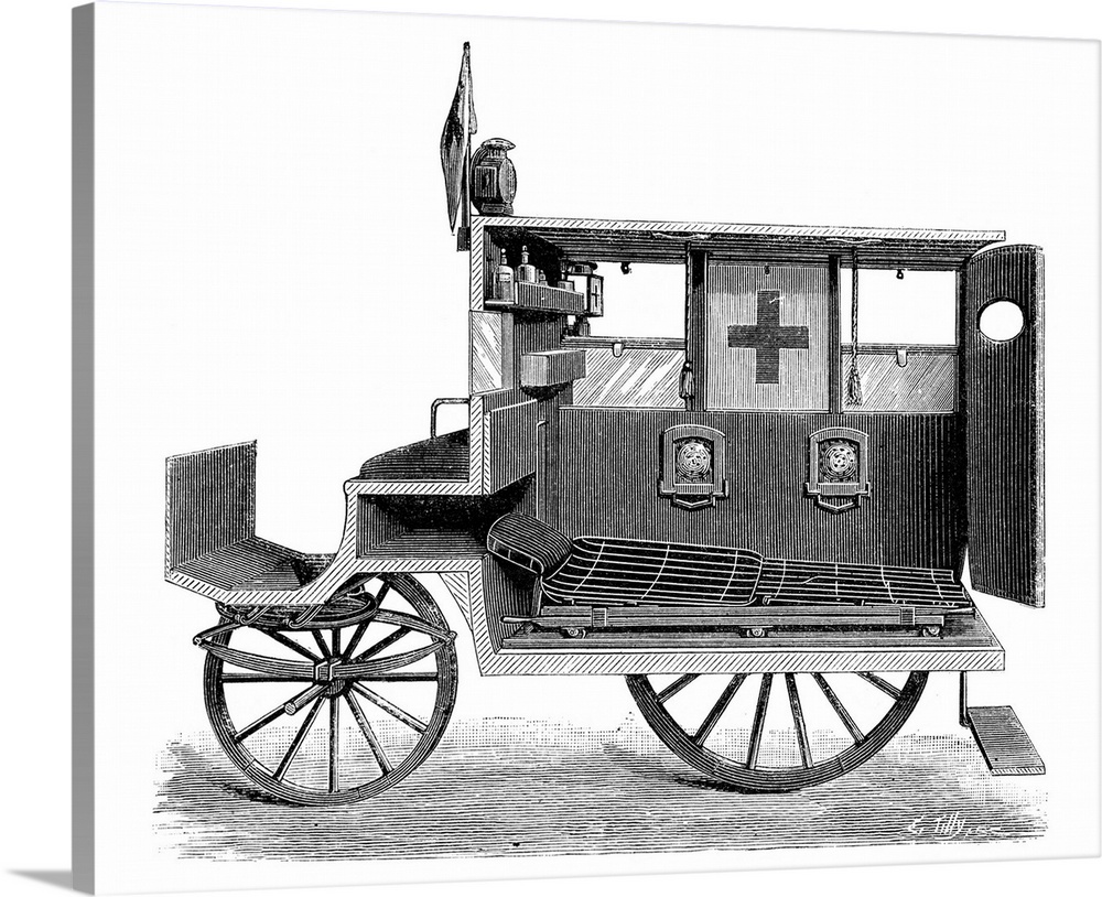 City ambulance, shown in cutaway form to reveal its interior with a stretcher and bed for the patient. This early ambulanc...