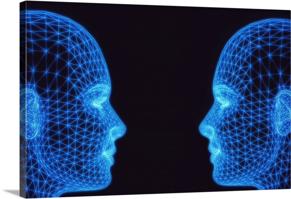 Communication, conceptual computer illustration. Two heads facing each other.