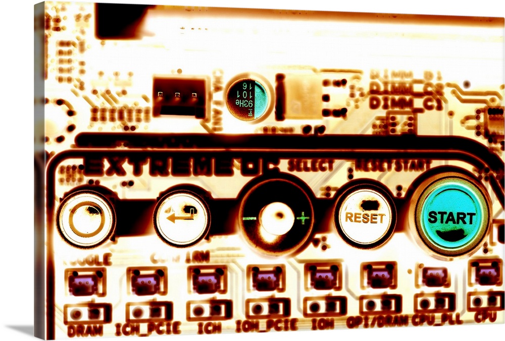 Computer artwork of an Intel core i7 computer circuit board, showing push-buttons and part of the circuitry.