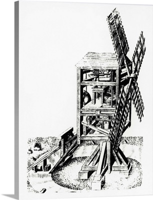 Cut-away artwork of a windmill for grinding corn