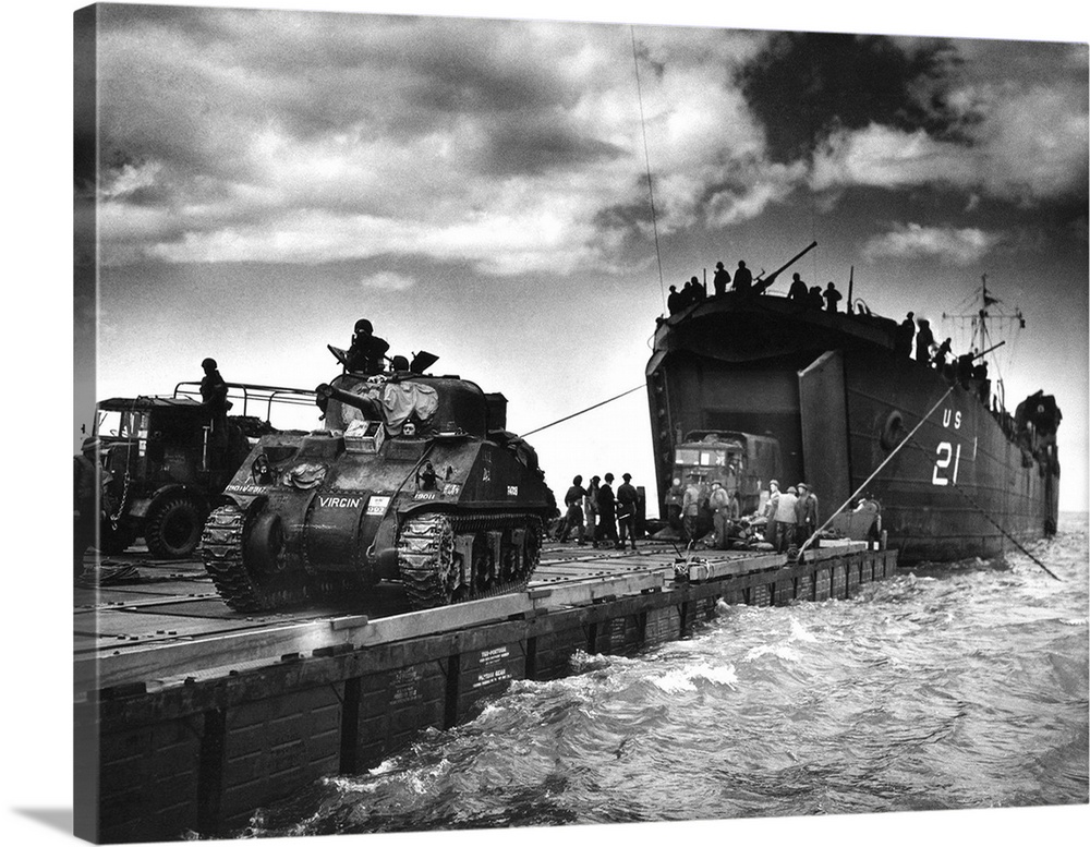 D-Day landings harbour. Mulberry harbour being used to unload troops onto the Normandy coast in France following the D-Day...