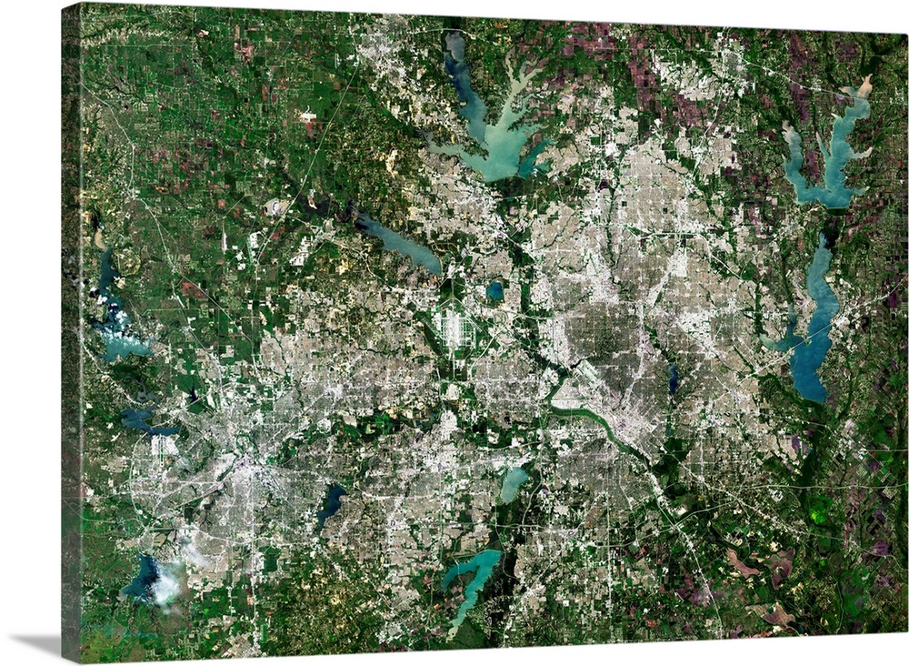 Dallas, Texas, USA, satellite image. North is at top, water is blue, urban areas are grey and vegetation is green. Northea...