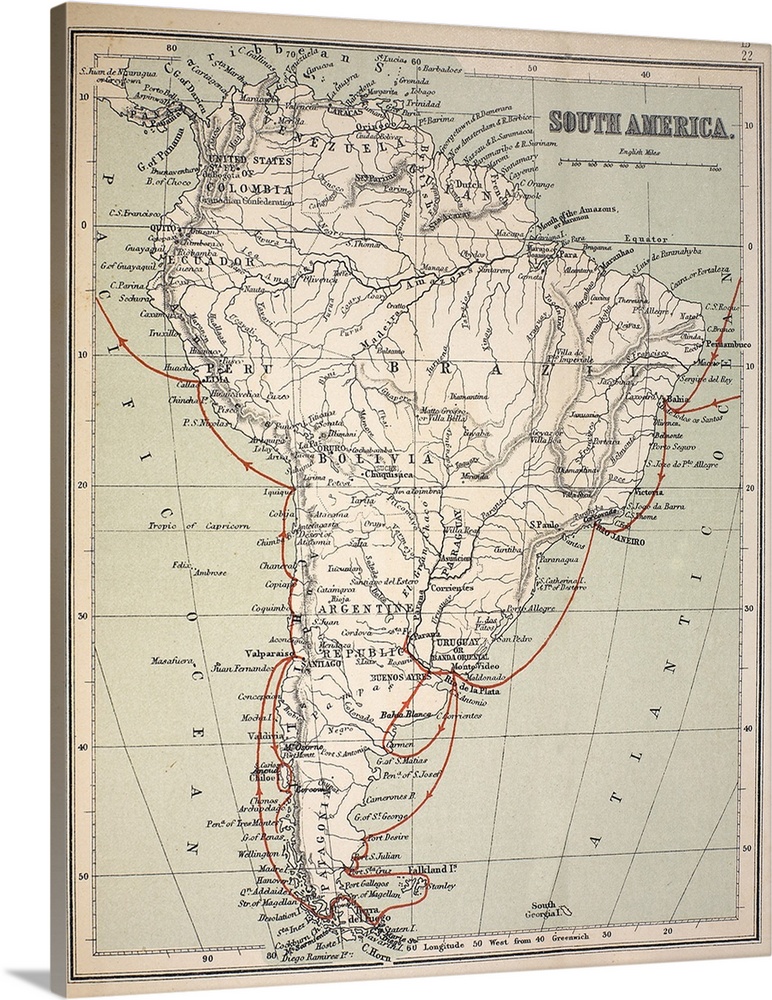 Map of South America with Voyage of the Beagle coloured in red. Appendix from \The Voyage of HMS Beagle\ (Cover Title) by ...