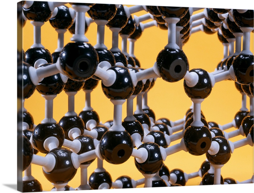 Diamond structure. Molecular model of diamond, a form of the element carbon (C). Carbon atoms are shown as spheres (black)...