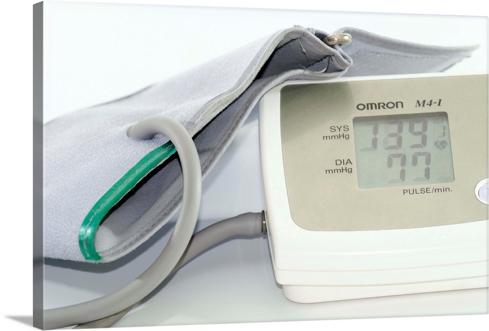 Digital blood pressure monitor (sphygmomanometer). This device is used to measure a person's blood pressure, an important ...