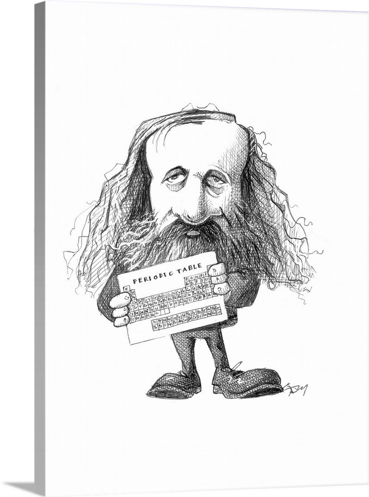Dmitri Mendeleev (1834-1907). Caricature of the Russian chemist Dmitry Ivanovich Mendeleyev. Mendeleyev (also spelt Mendel...