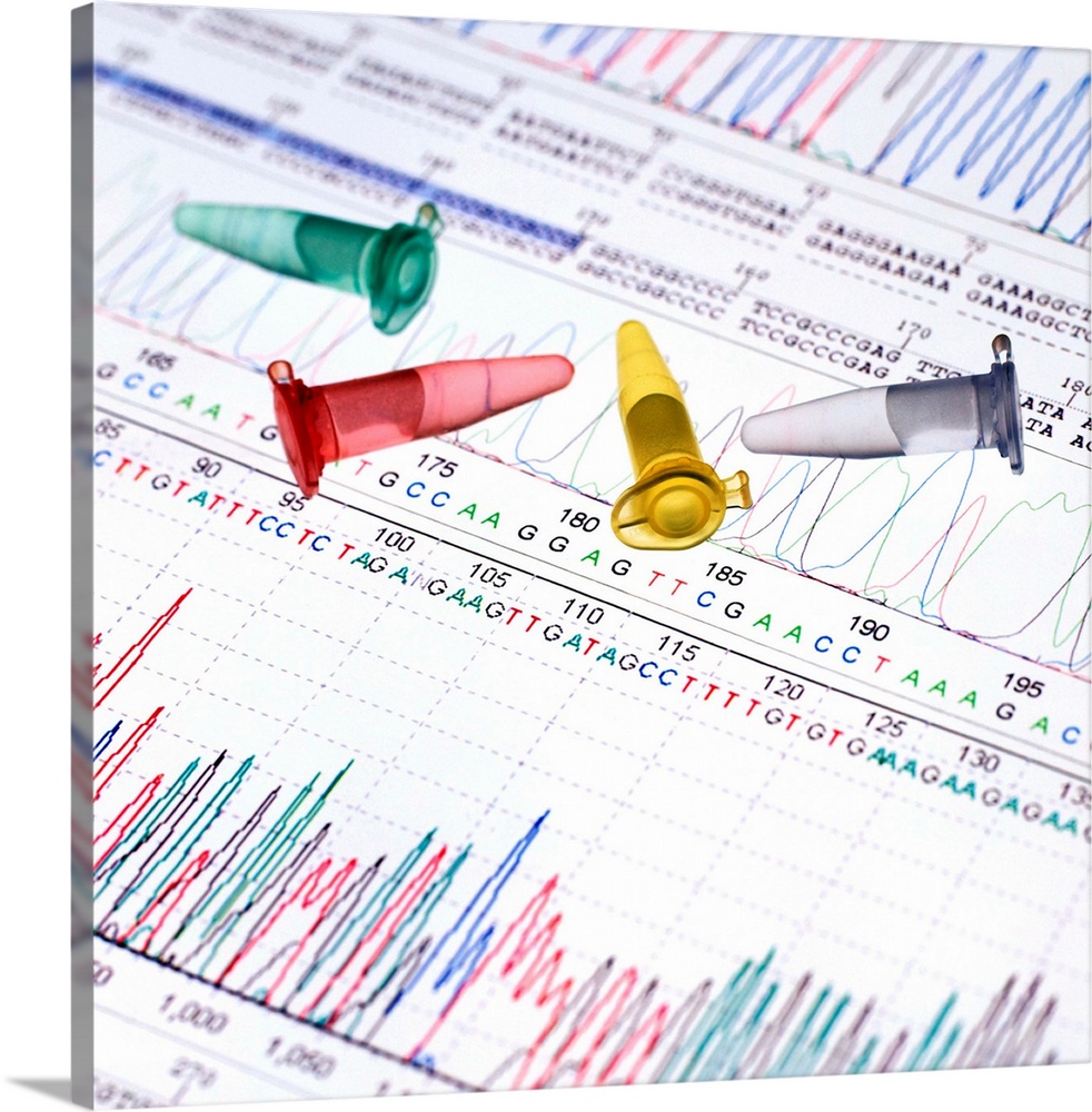 DNA analysis. Eppendorf tubes on graphs showing the results of DNA (deoxyribonucleic acid) sequencing.