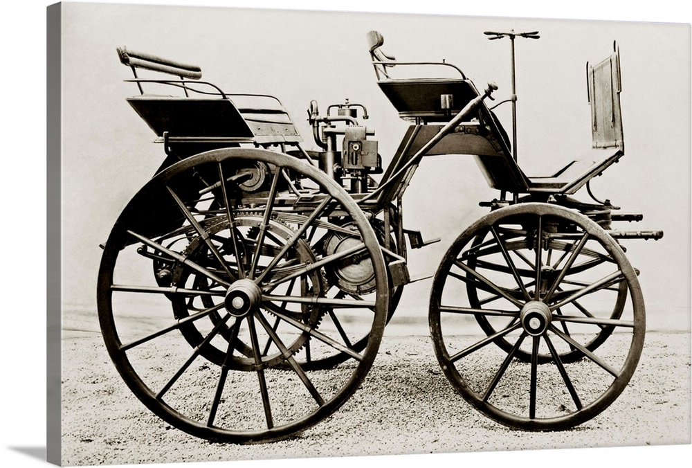 Early car, 1886 Daimler. This photograph is courtesy of the Deutsches Museum, Munich. It was published in 'The March of Co...