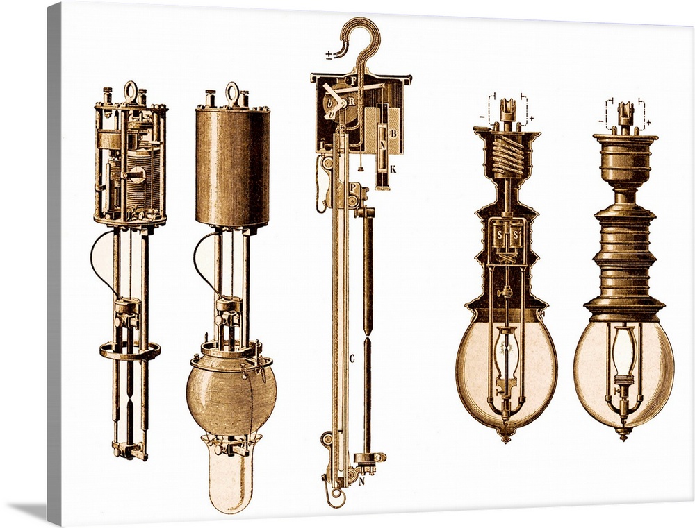 Early electric lamps, historical artwork. Three types of electric lamp are shown here. From left to right: an internal and...