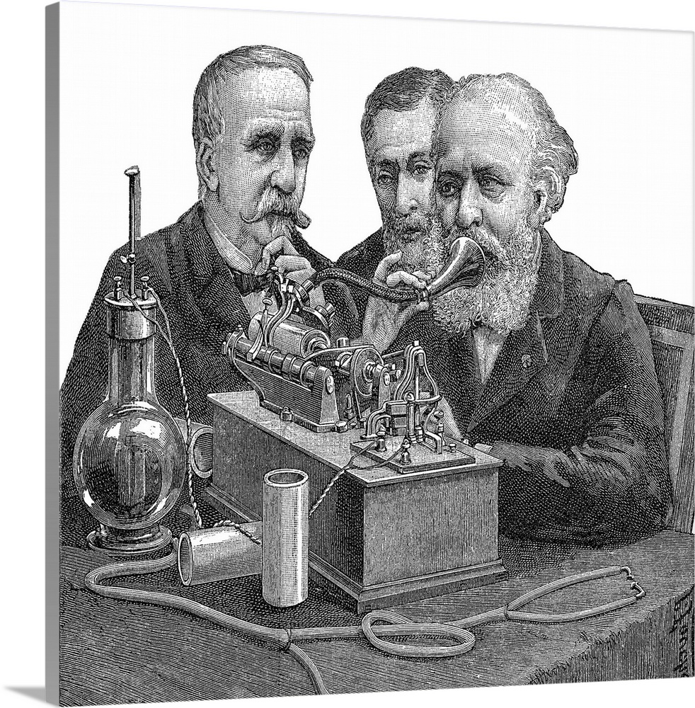 Early telephone. Historical artwork of three men gathered around an early telephone. The man at right is talking into the ...