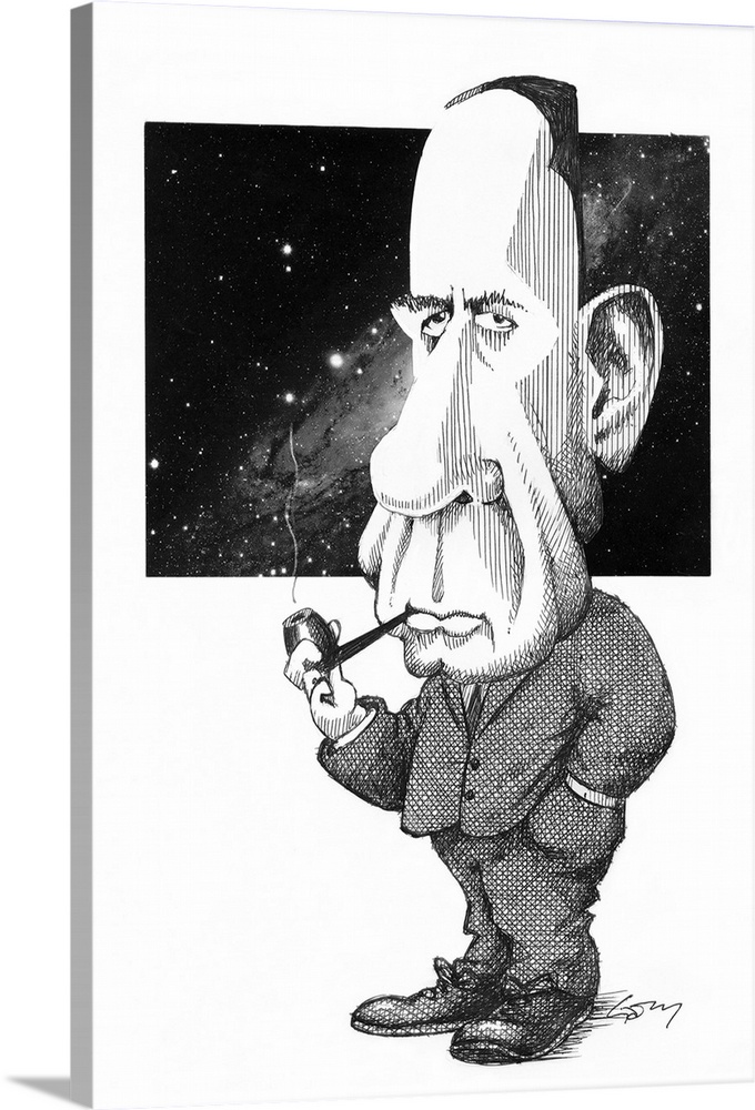 Edwin Hubble. Caricature of the US astronomer, cosmologist, athlete and boxer Edwin Powell Hubble (1889-1953) smoking a pi...