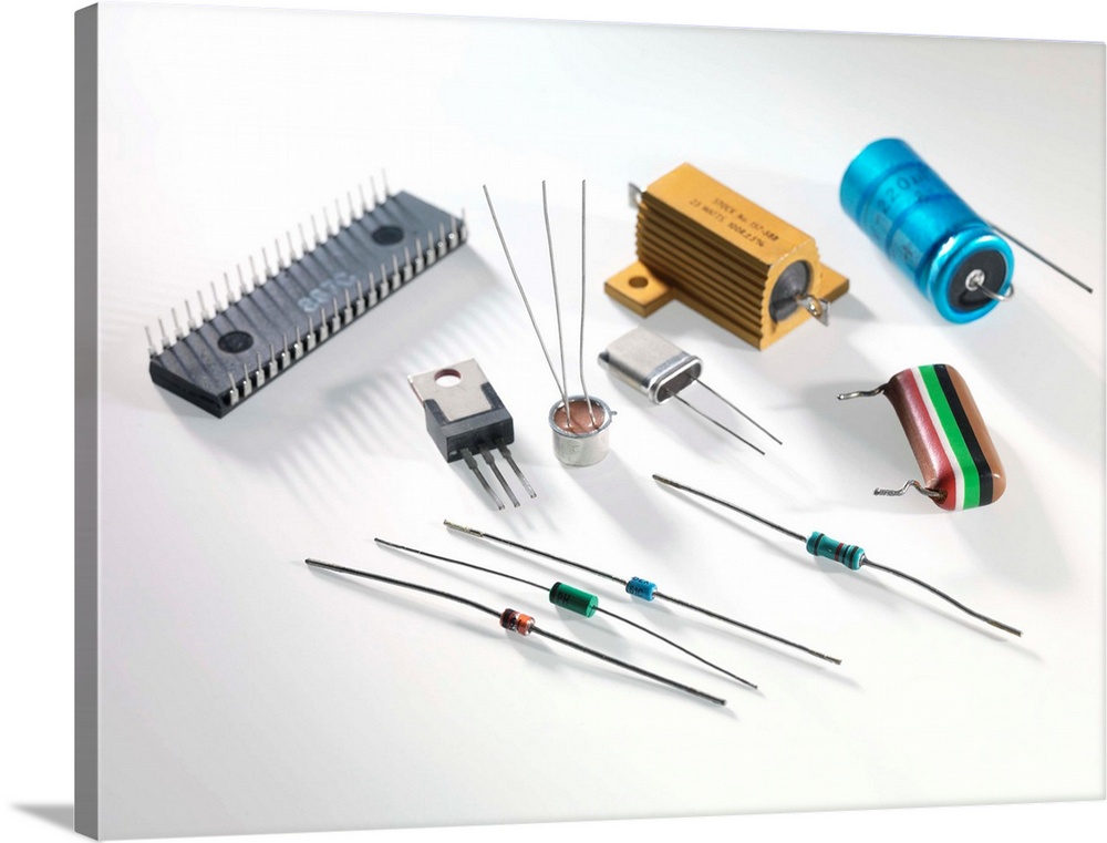 Electronic components including resistors, transistors, capacitors and integrated circuits.
