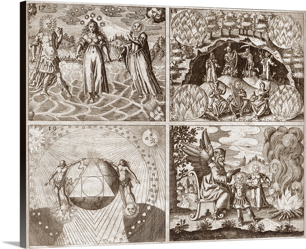 Set of four engraved emblems. At top left a woman wearing the five planets around her head as stars walks across a lake ac...