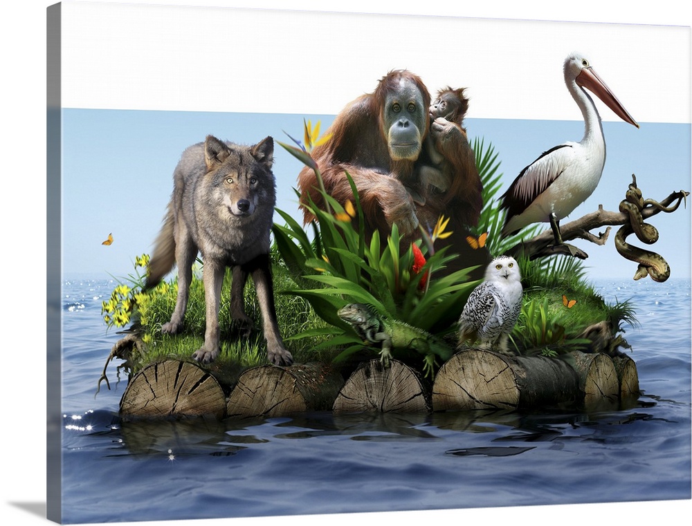 Endangered animals. Conceptual image of various animals and plants, some of which are endangered, flowing on a log raft in...