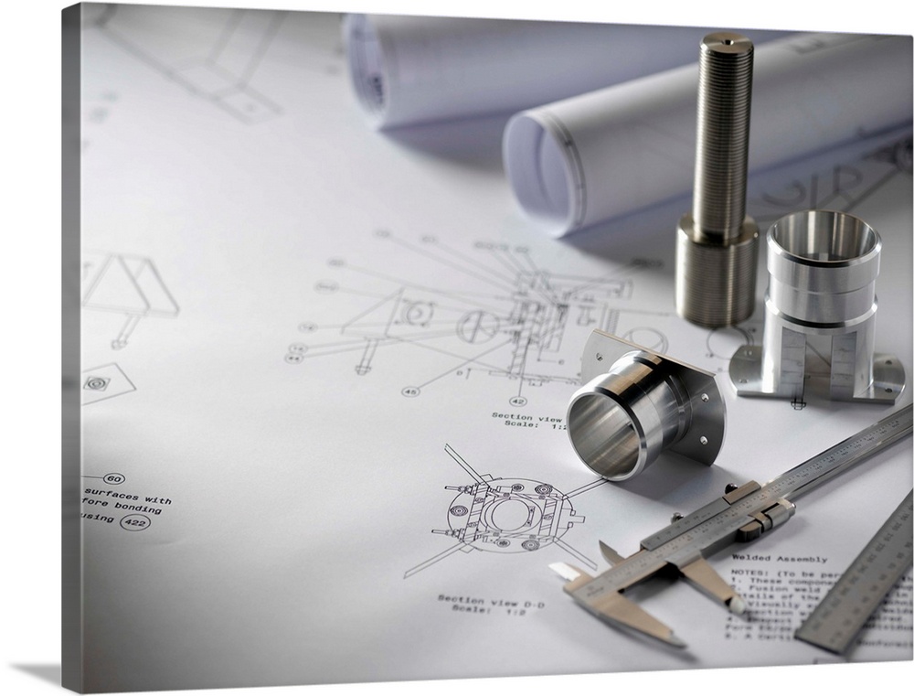 Engineering equipment and mechanical components on a technical drawing.