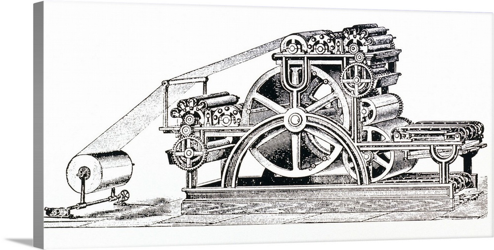 Engraving of a Bullock Rotary Press of 1865. Designed by one William Bullock, this was the first press to use continuous w...