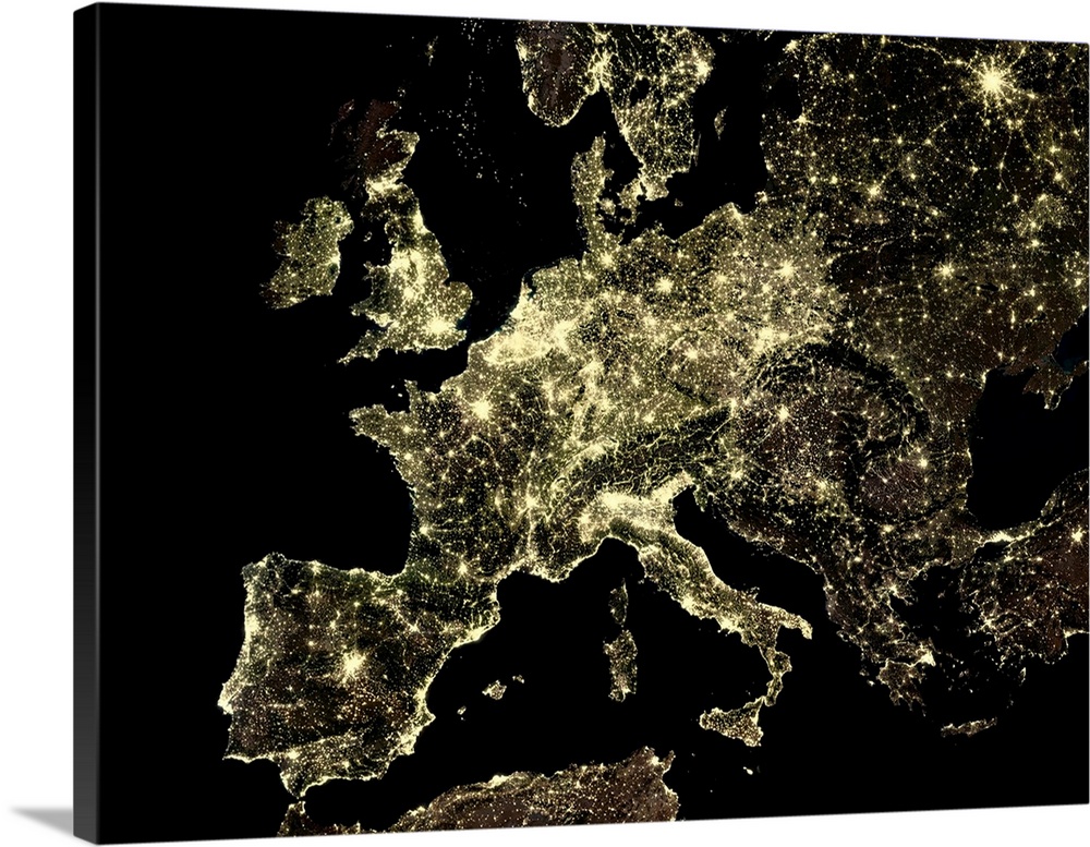 Europe at night. Satellite image of Europe at night, showing urban and industrial lights (yellow). The North Sea (dark, up...