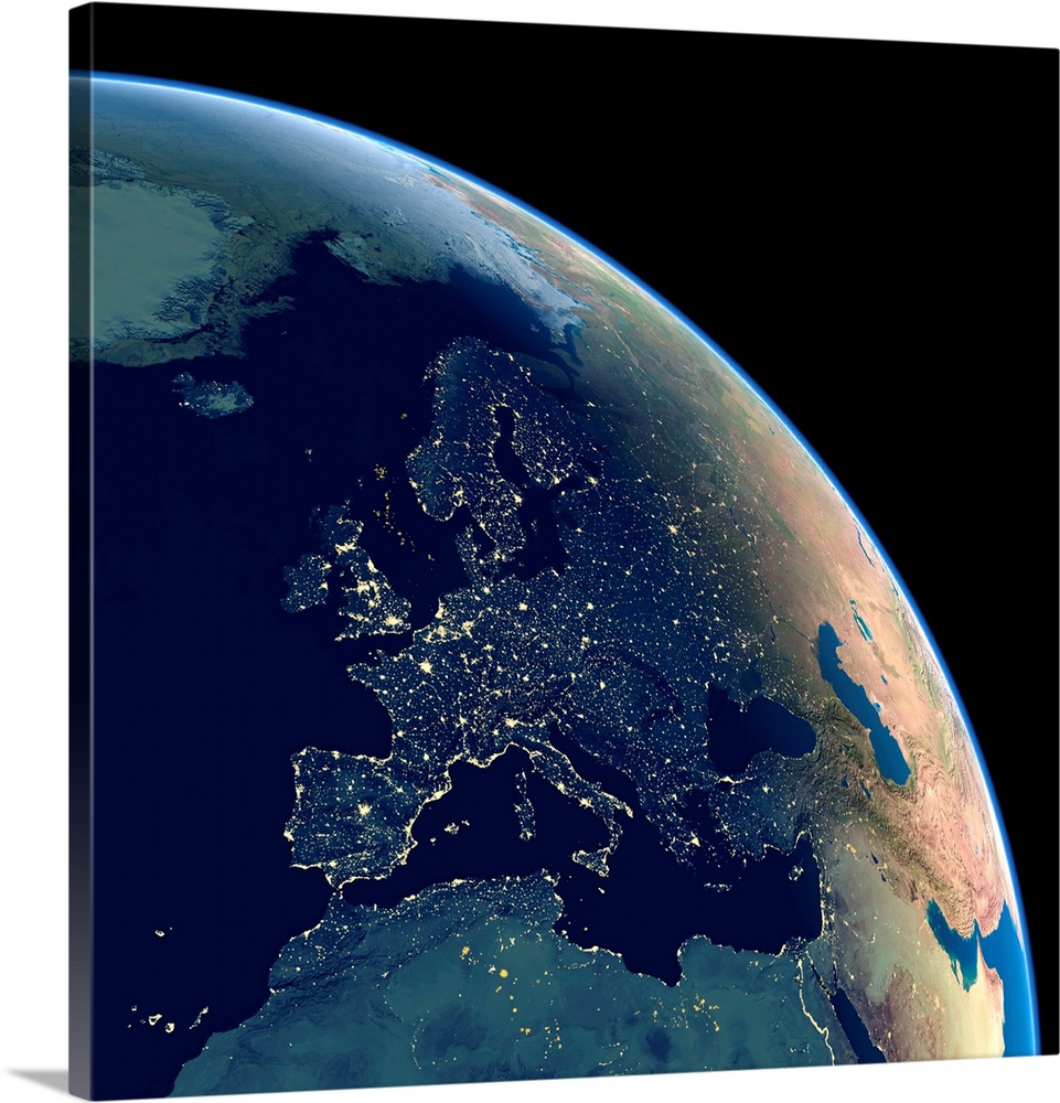 Europe at night, satellite image. City lights (yellow) show areas of dense population. There are few lights in North Afric...