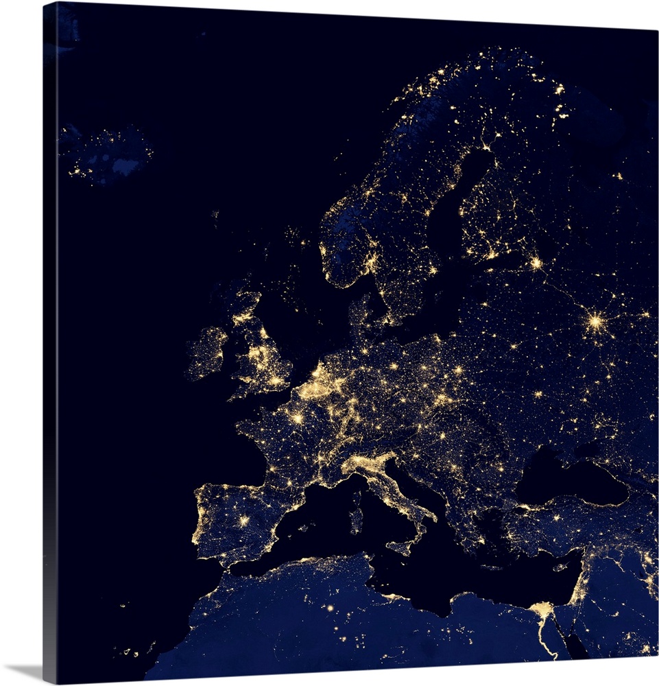 Europe at night. Black marble satellite image of Europe at night. More densely populated areas are brighter. Lights from s...