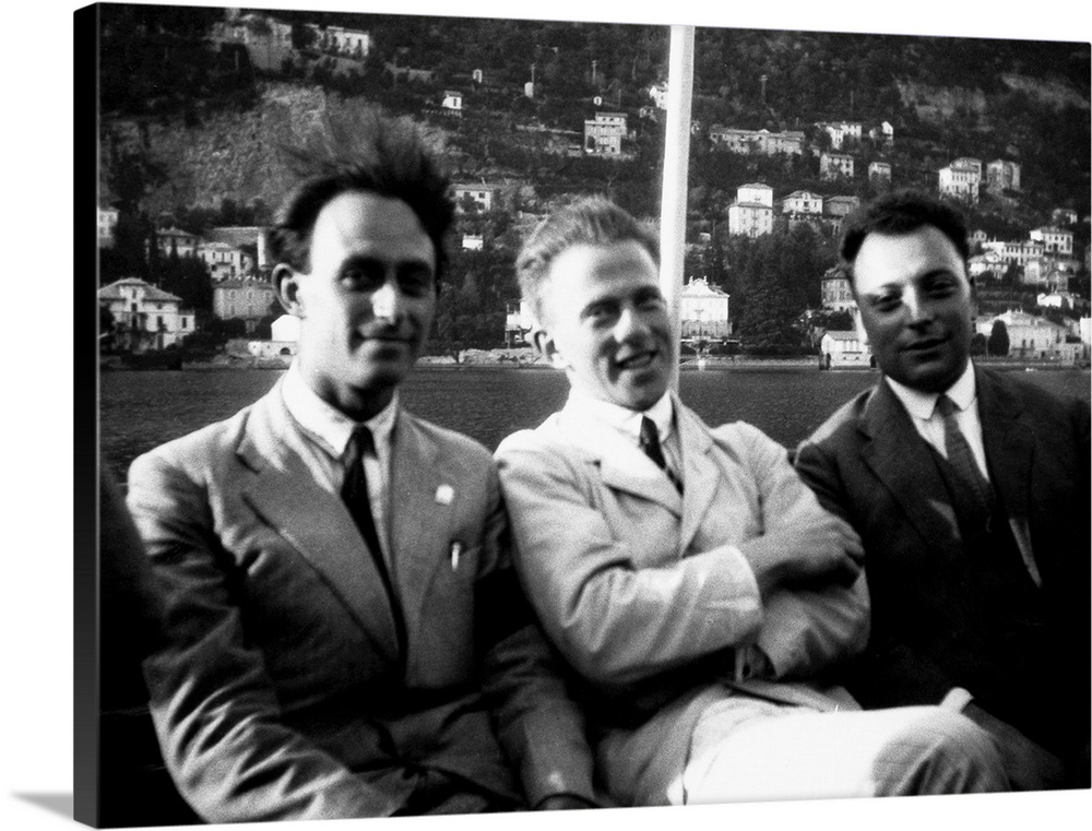 Physicists Enrico Fermi (1901-1954, left), Werner Heisenberg (1901-1976, centre) and Wolfgang Pauli (1900-1958, right), wh...