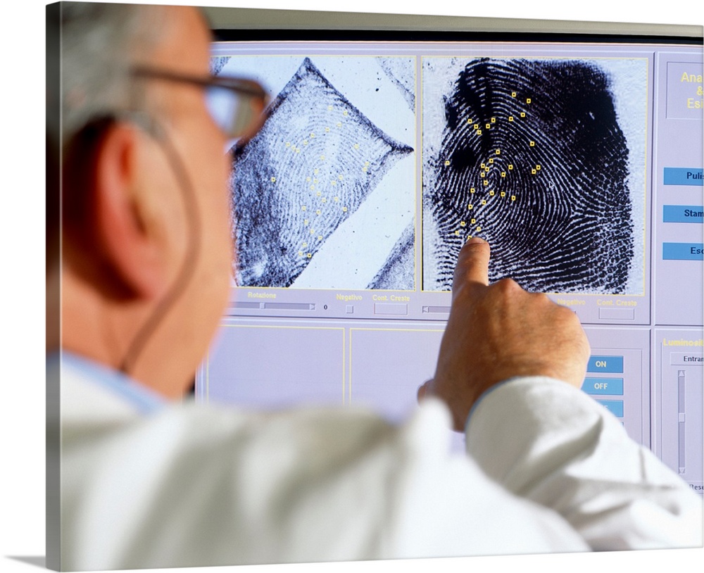 Fingerprint analysis. Forensic scientist pointing at fingerprints being compared by characteristic features (square yellow...
