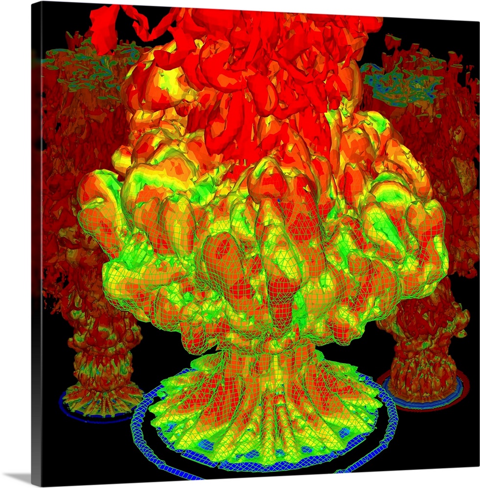 Fire plumes. Computer simulation of large fire plumes. The simulation reveals turbulence and the unstable nature of fire p...