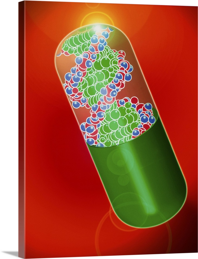 Gene therapy. Abstract artwork of a drug capsule filled with DNA (deoxyribonucleic acid), to depict a gene therapy drug. G...