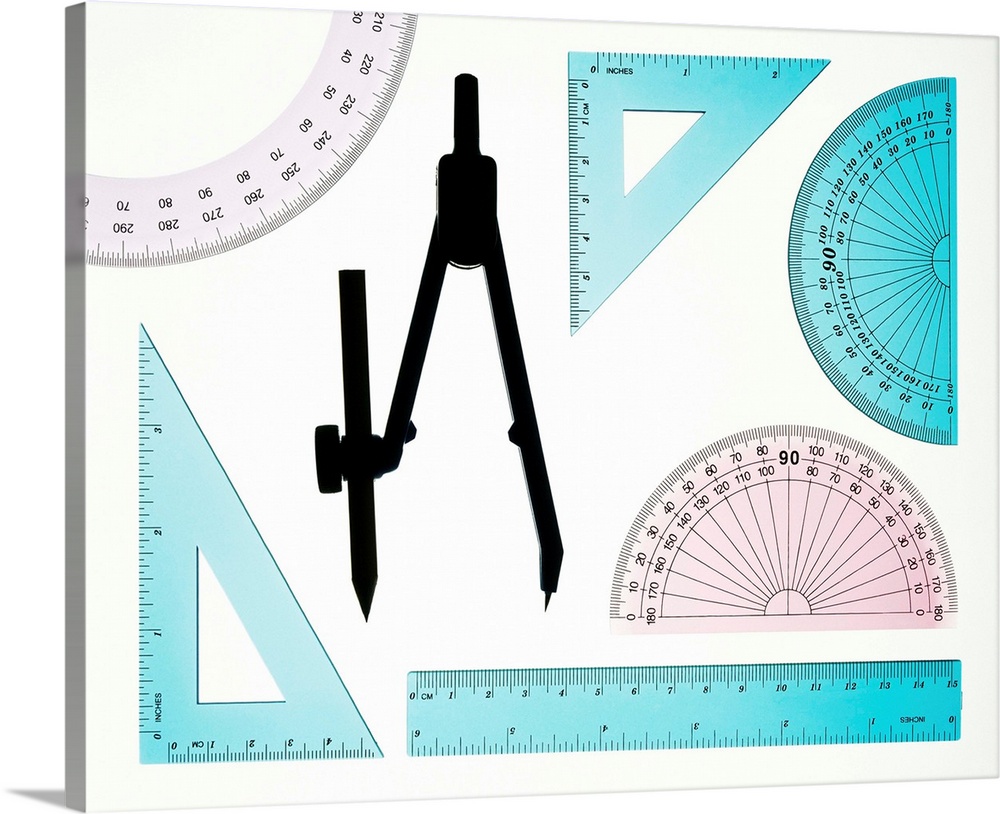 Geometry set. Plastic instruments used for geometry and technical drawing. Protractors (two at right and one at top left) ...