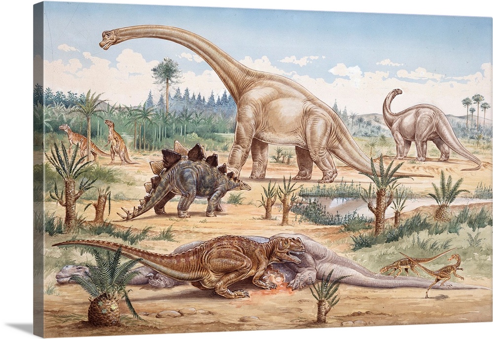 Group of dinosaurs, predators and prey, from the Jurassic era, on the plains of the Western Americas. At front a Ceratosau...