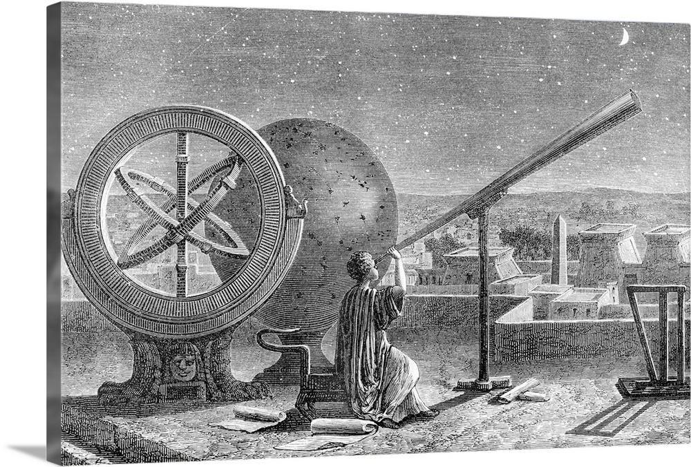 Hipparchus (c.190-c.120 BC), Ancient Greek astronomer, at the Alexandria Observatory, Egypt. At left is the armillary sphe...