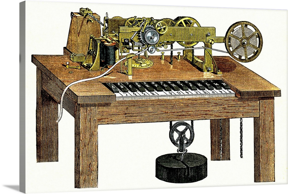 Hughes' printing telegraph, historical artwork. This device was invented in 1855 by the British physicist David Edward Hug...